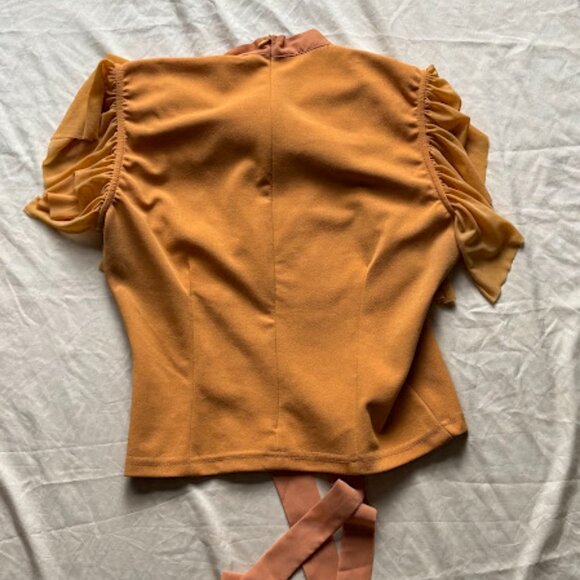 Xtaren | Mustard Ruffle Tiered Puff Sleeve Top with Tie Neck | Size L - Picture 2 of 5